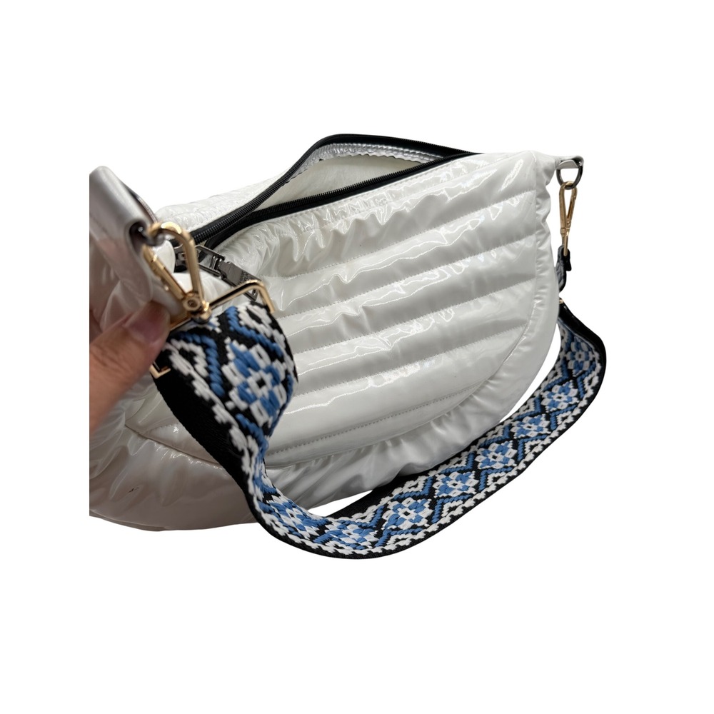 Unbranded Puffer Crossbody Bag Womens Medium White Quilted Patent Geometric Stra